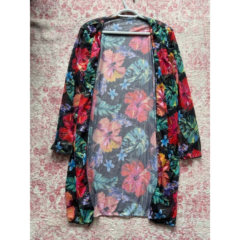 Tropical Floral Sheer Swim Coverup - Black with Multicolor Hibiscus